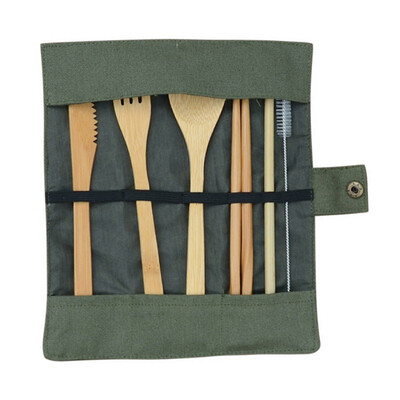 

7PcsSet Wooden Bamboo Straw Covered With Cloth Bag Knives Fork Spoon Chopsticks Bamboo Travel Cutlery Set