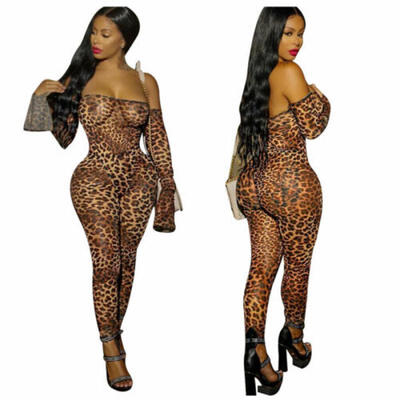 

Women Off Shoulder Mesh Jumpsuit Leopard Printed Ruffle Long Sleeve Romper -2XL