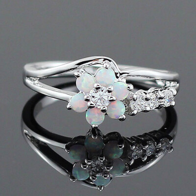 

Exquisite Round Cut White Fire Opal Stone 925 Sterling Silver Flower Women Opal Rings Diamond Jewelry Birthday Proposal Gift