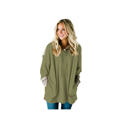 

Long sleeved pocket long knit casual hooded sweatshirt womens