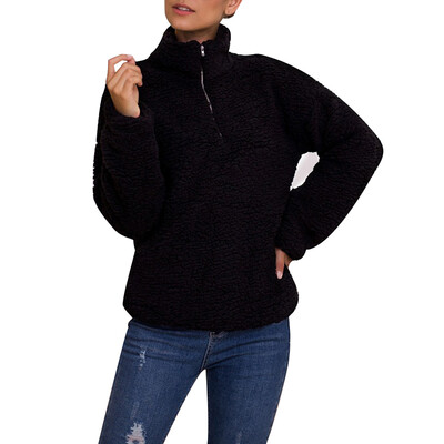

Autumn And Winter Mid-high Collar Plush Pullover Sweater Solid Color Zipper Slim Jacket Black