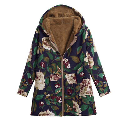 

Women Floral Print Hooded Warm Hoodies Coat Casual Autumn Winter Thicken Jackets