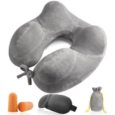

Galloping inflatable U-shaped pillow neck pillow four hump travel inflatable pillow nursing cervical nap pillow with eye mask earplugs gray