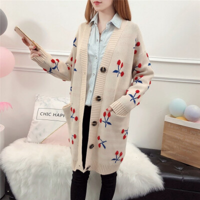 

Autumn&winter 2018 new sweater womens loose long knitted cardigan jacket Korean version of cherry languid&lazy sweater