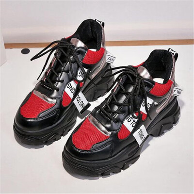 

2019 Spring New Leather Womens Platform Chunky Sneakers Fashion Women Flat Thick Sole Shoes Woman Dad Footwear F023