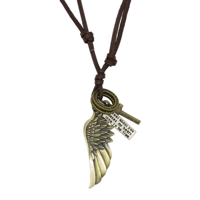 

1 Pcs Couple Jewelry Unisex Vintage Angel Wing Cross Pendant Retro Leather Cord Necklace Vintage Bronze Chain Xmas Gifts