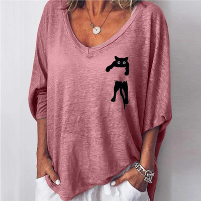 

Gobestart Plus Size Women Long Short V-Neck Cat Printed Casual Tops Blouse T-shirt