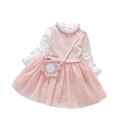 

Spring Autumn New Baby Girl Sweet Solid Color Long Sleeve Tutu Dresses Cotton Mesh Comfortable Macrame Collar With Bag Dresses