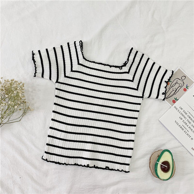 

Womens Slash Neck Striped Short Sleeve Knitted Ruffles T-Shirt
