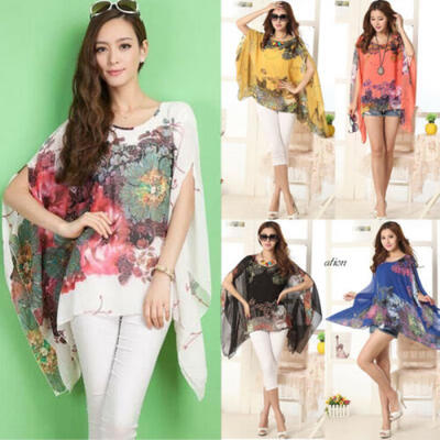 

FASHION WOMEN LADY LOOSE CHIFFON FLORAL PRINT KAFTAN PONCHO BLOUSE TOPS