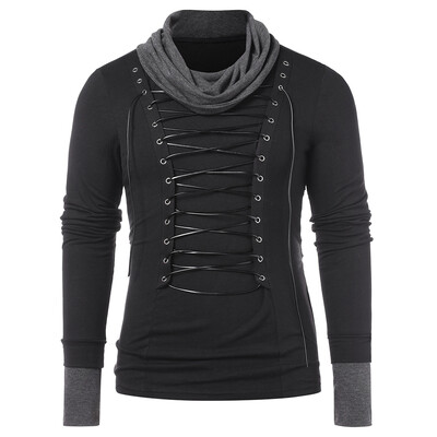 

Turtle Neck Color Block Lace Up T-shirt