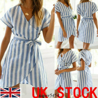 

UK Women Short Sleeve V Neck Boho Mini Dress Summer Sundress Holiday Clothes