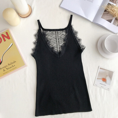 

Women Versatile Lace Sweet Knit Off Shoulder Slim Solid Color Sexy Strap V Collar Camisole