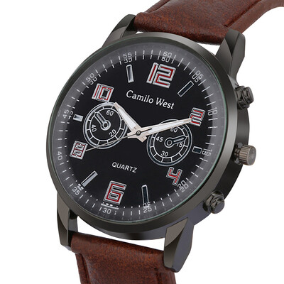 

Gobestart Fashion Business Mens Watch Three-eye Dial Casual Leather Belt Quartz Watch