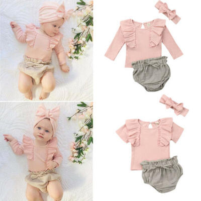 

UK 3Pcs Toddler Newborn Baby Girl Ruffle Tops Headband PP Shorts Outfit Clothes