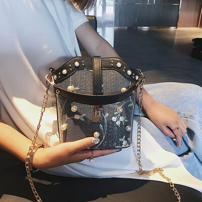 

Tailored Women Bag Simple Woven Straw Crossbody Pearl Straw Chain Bucket Bag