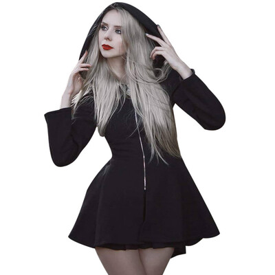 

Toponeto Women Punk Style Solid Irregular Hem Jacket Long Sleeve Hooded Zipper Coats