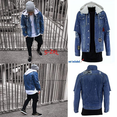

Mens Fashion Winter Denim Jacket Men Long Sleeve Warm Jean Hooded Ripped Destroyed Coat Fur Collar Jackets