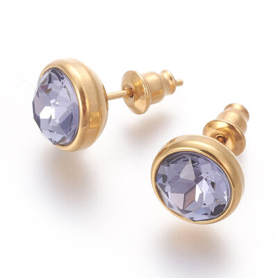 

304 Stainless Steel Ear Studs with Cubic Zirconia Flat Round Golden MediumPurple 10x17mm Pin 07mm