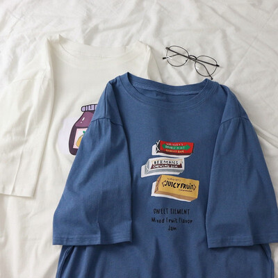 

Womens Casual Round Neck Cartoon & Letters Print Short Sleeve Loose Pullover T-Shirt