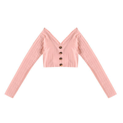 

Women Crop Top Off The Shoulder Long Sleeve Solid Button