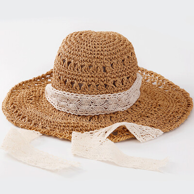 

Handmade lace straw hat summer windproof with sun hat outdoor sun hat along the new Korean version of sun hat