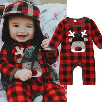 

Baby Girl Boy Clothes Deer Romper Jumpsuit Red&Black Plaids One Piece Bodysuit