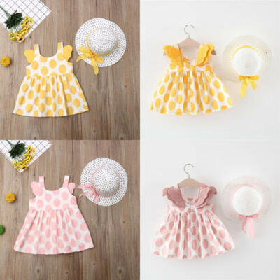 

Toddler Kids Baby Girls Summer Outfits Polka Dots Dress Sunhat 2Pcs Set Sunsuit
