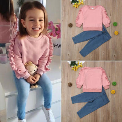 

UK Kids Baby Girl Clothes Ruffle Tops Sweatshirt Jeans Denim Pants 2Pcs Outfits