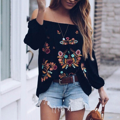 

Women Casual Loose Off Shoulder Long Sleeve Floral Printed Tops T-Shirt Blouse