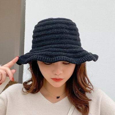 

The new Korean winter 2019 purchasing womens warm knit Joker foldable striped solid color fisherman hat basin hat