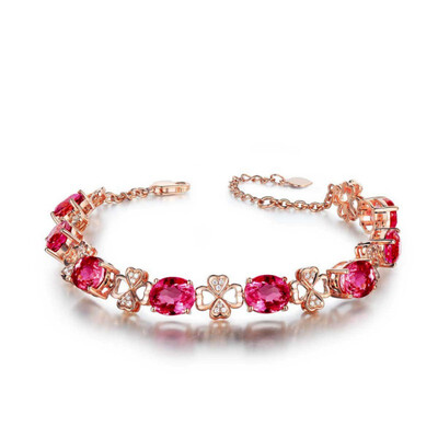 

Exquisite 18K Rose Gold Plated Gem Stimulated Red Tourmaline Stone Clovers Bracelet Jewelry