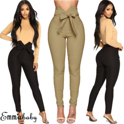 

Women&acutes High Waist Casual Drawstring Elastic Long Pants Ladies Pencil Trousers