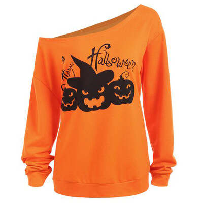 

Roseonmyhand Women Casual Plus Size Halloween Print Skew Collar Long Sleeve Sweatshirt Tops