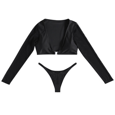 

Sexy Mesh Long Sleeve Women Swimwear Two-piece Thong Bottom Swimsuit