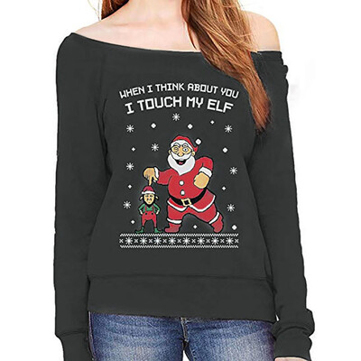 

Nomeni Christmas Women Print Long Sleeve Off Shoulder Sweatshirt Pullover Blouse Shirt