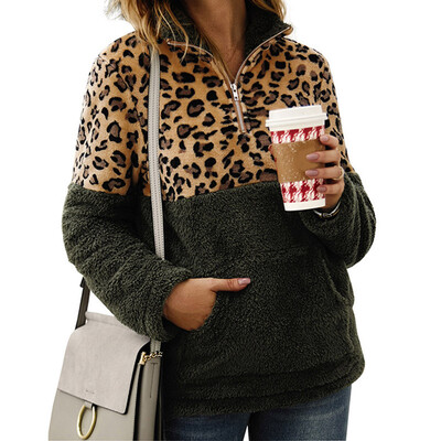 

goldstrings Womens Long Sleeve Half Zip Up Leopard Print Patchwork Fleece Pullover Tops Stitching Top Sweaters