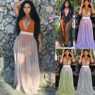 

Womens Swimwear Bikini Cover Up Sheer Beach Wrap Long Skirt Sarong Pareo Dress