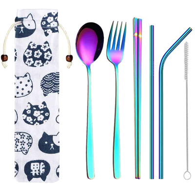 

Toponeto Stainless Steel Dinnerware Set Metal Straw Spoon Fork Chopsticks Tableware 6 Pcs