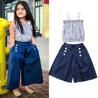 

Kids Baby Girl Vertical Striped&Straps TopsLoose Denim Leggings Summer Clothes