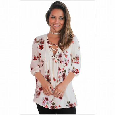 

V-neck cross with cropped sleeves ivory printed lace shirt retro top