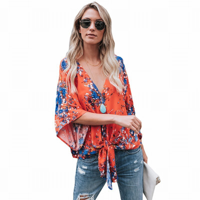 

V-neck cropped sleeve floral print knotted bohemian top