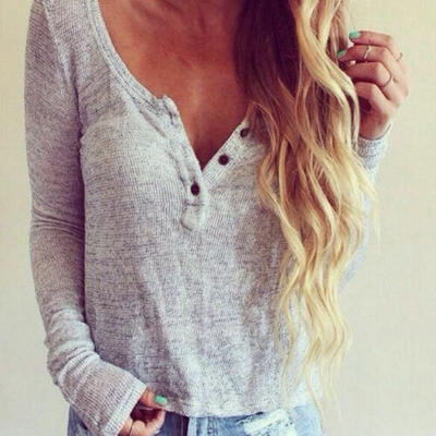 

Women Winter Deep V Loose Casual Knitted Long Sleeve T-Shirt Jumper Tops Sweater