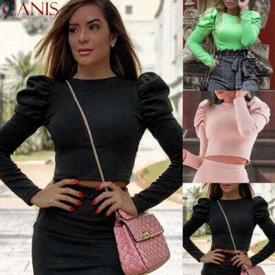 

Vintage Women Ladies Long Puff Sleeve Crop Tops Casual Solid T-shirts Blouse Top