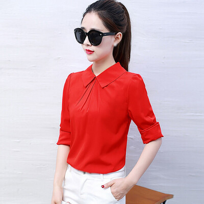 

Women Pure Color Long Sleeve V-neck Tops Button Ladies Casual Loose Blouse Shirt