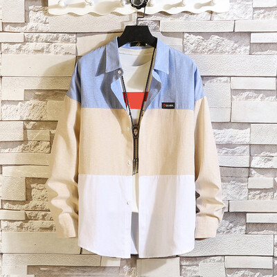 

Tailored Mens Casual Fashion Colour Collision Patchwork Long Sleeve Shirt Top Blouse