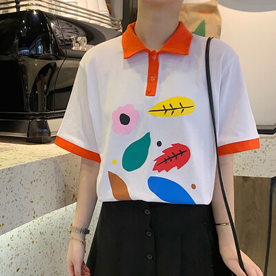 

Womens Cotton Cute Turn-down Collar Cartoon Print Short Sleeve Loose Shirt Color Block Buttons T-Shirts