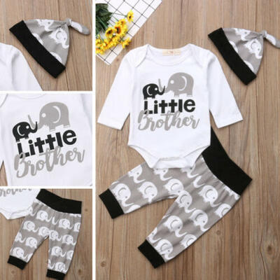 

US Newborn Baby Boy Little Brother Tops Romper Elephant Pants Hat Outfit Clothes