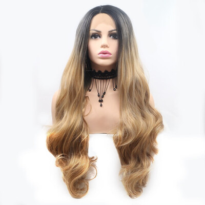 

Amazing Star Lace Frontal Wigs Mixed Color Long Wavy Hair Heat Resistant Fiber Side Part Synthetic Hair