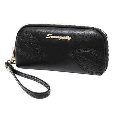

Leaf Embroidery Women Long Purse Phone Cash Holder Faux Leather Clutch Wallet